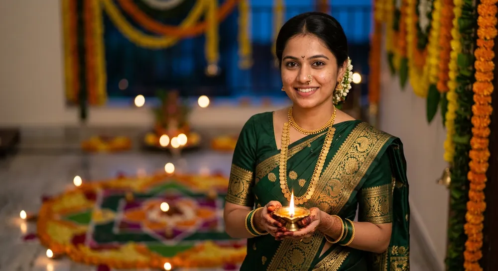 AI-generated Deepavali portrait of a woman in a green Mysore silk saree holding a brass diya