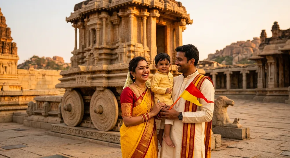 AI-generated Rajyotsava couple and child holding Kannada flag at Hampi Stone Chariot